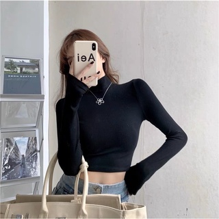 Áo Croptop Cổ Lọ Tay Dài Kiểu Dáng Ôm Chất Thun Gân dày dặn co giãn thoải mái Ôm Body Resu