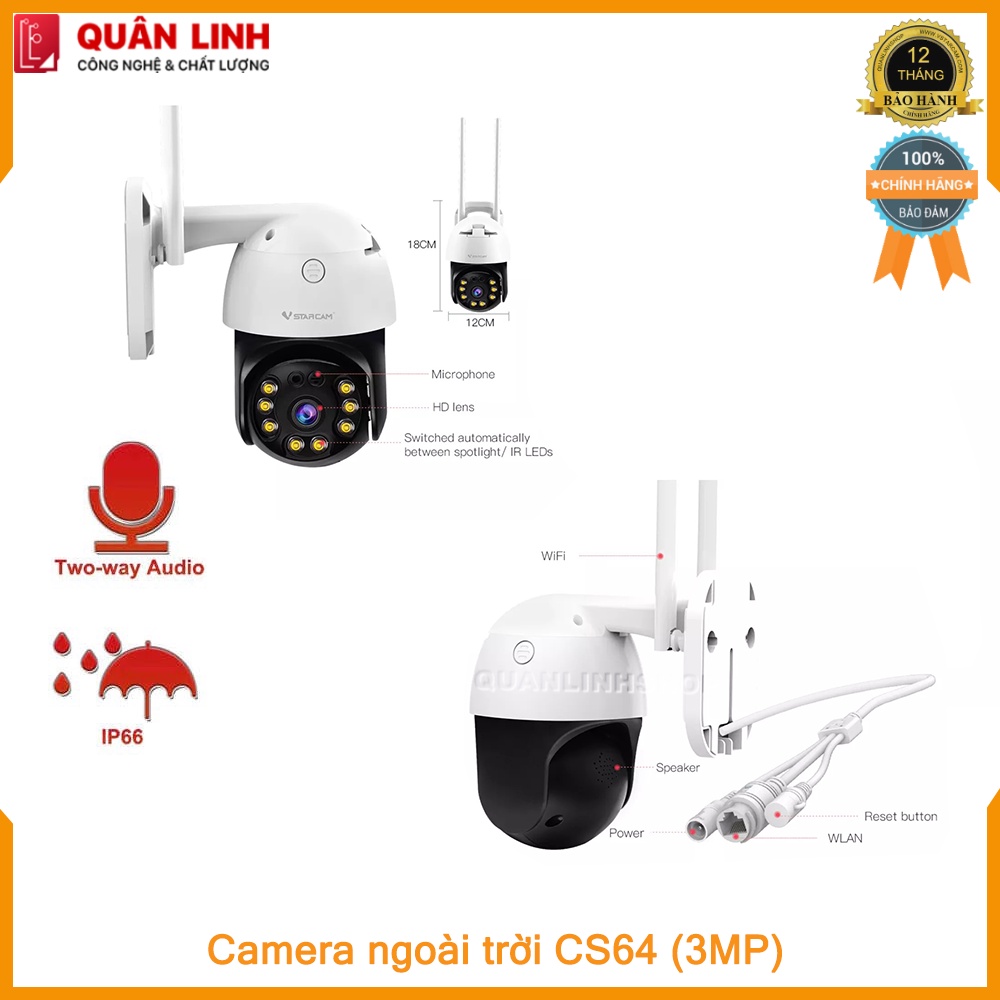 Camera ngoài trời Vstarcam CS64 Full HD 1296P (3MP), tích hợp AI, bảo hành 12 tháng