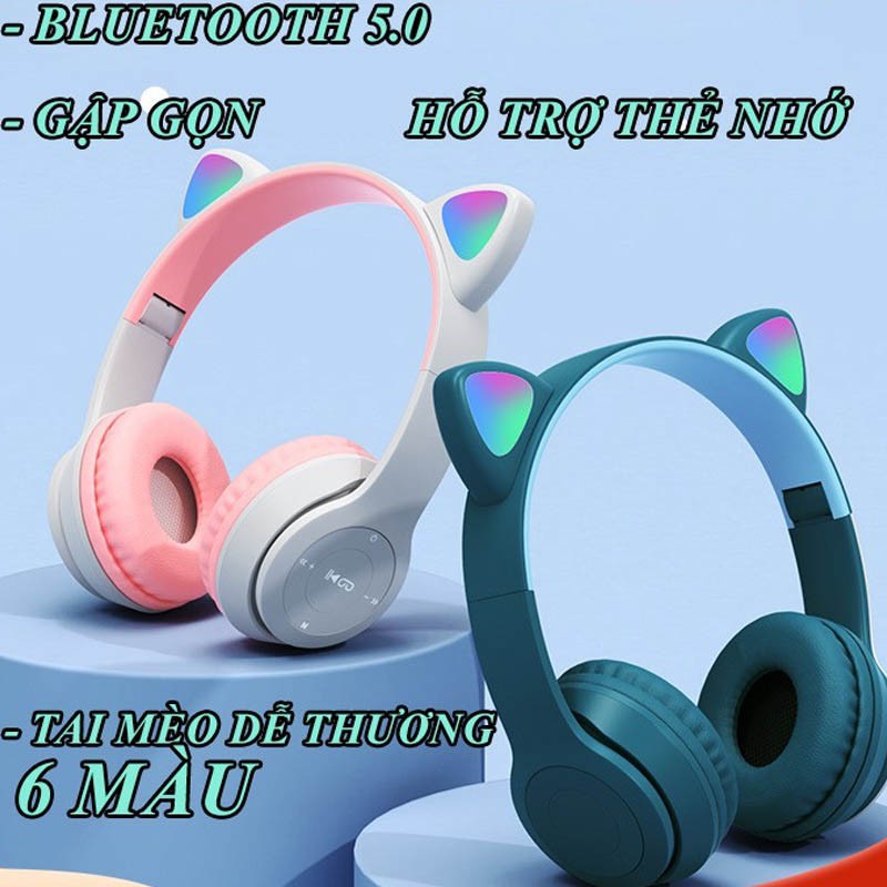 Tai Nghe Chụp Tai Nghe Bluetooth P47M ⚡FREESHIP⚡ Tai Nghe Mèo Chụp Tai Không Dây Đèn Led Đủ Màu, Dễ Thương, Pin Khủng
