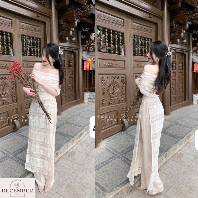 Áo dài cách điệu, Áo dài trễ vai ren tiểu thư tôn dáng, Áo dài Tết thiết kế- December Fashion