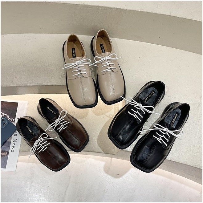 Giày Nữ Ulzzang Vintage, Giày Oxford Doctor Mũi Vuông Da Mềm Thắt Dây Trắng Đế Độn 3cm, Hàn Quốc - Iclassy_shoes