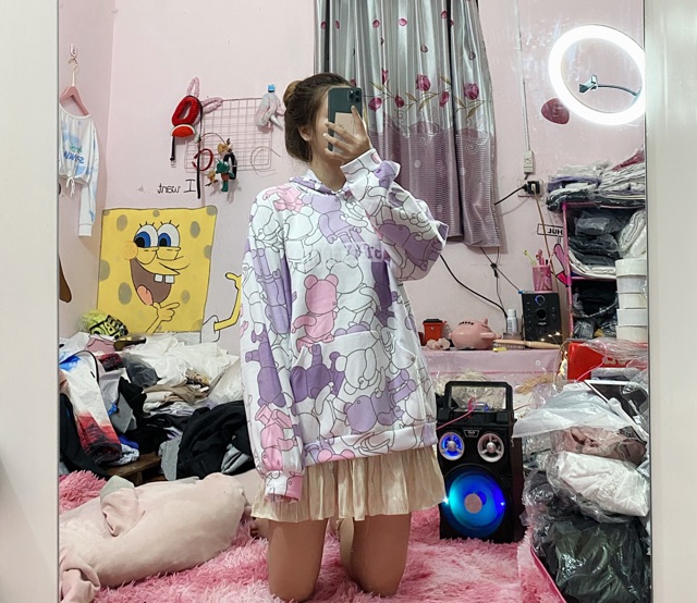 Áo nỉ hoodie gấu tím hồng siêu to siêu ấm