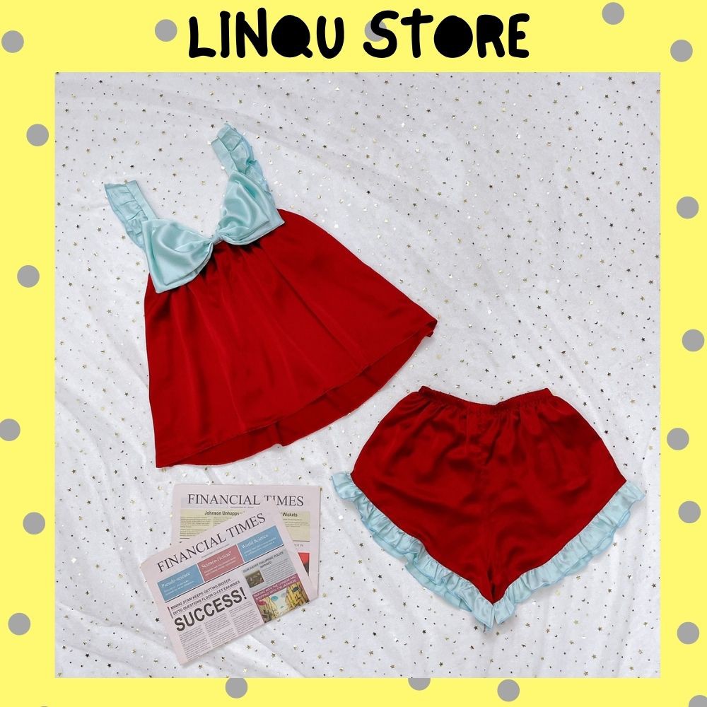 Đồ bộ mặc nhà phối nơ dễ thương quần đùi chất Satin mềm mại Freesize dưới 60kg - Linqu Sleepwear