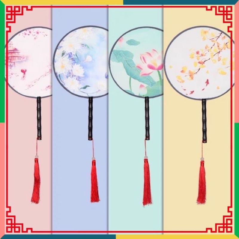 Quạt tròn cổ trang Hán phục - Quạt tròn tay cầm cán gỗ phong cách Trung Quốc Bảo Nghi Quán (Có clip,ảnh thật)
