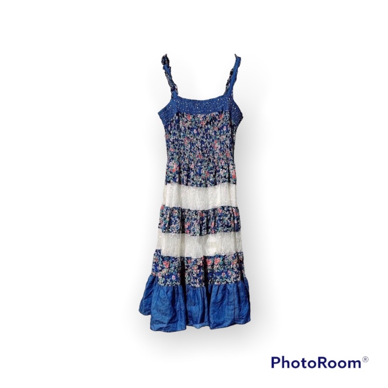 Patchwork  Strap Dress - Đầm hai dây chun ngực phối ghép vải jean hoa ren lưới đính hạt xẻ tà