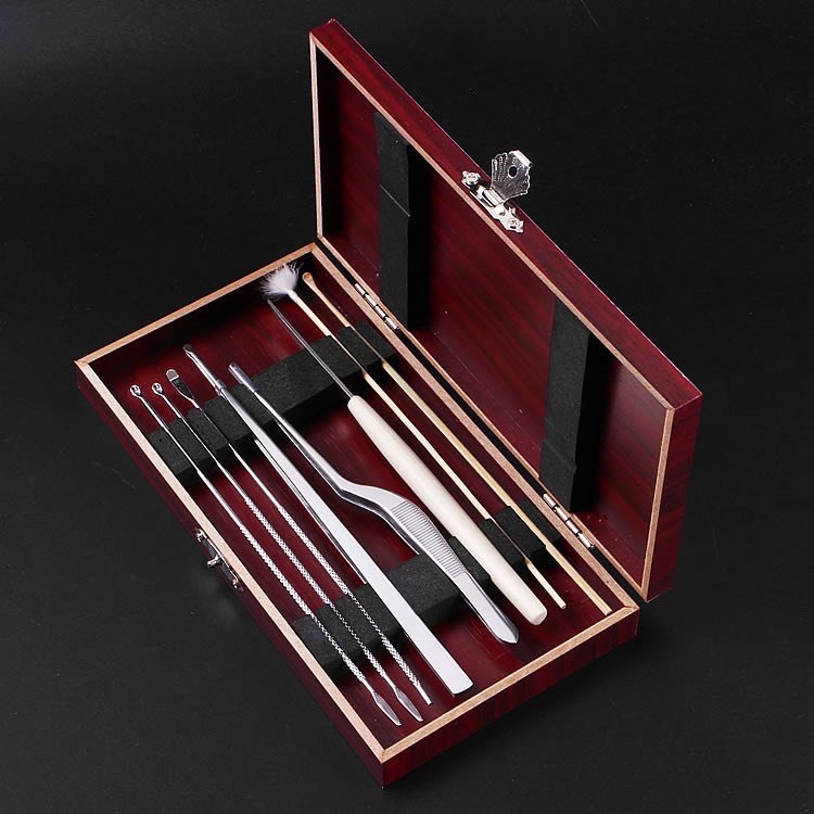Bộ Lấy Ráy Tai 8 Món Thép Không Rỉ - Hộp Gỗ Cao Cấp