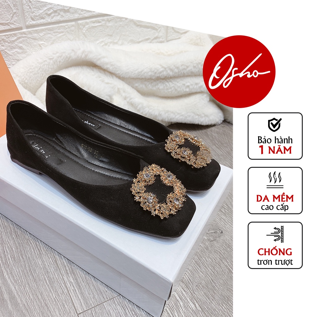Giày Bệt Nữ Thiết Kế OSHO Đính Nơ Đá Họa Tiết Mũi Vuông, Ôm Chân Tôn Dáng, Chất Da Lộn Cao Cấp 613-52