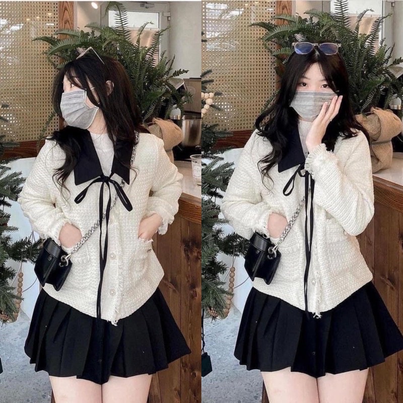 Áo Dạ Tweed Kiểu Xinh Dáng Ngắn Nơ Cổ Tiểu Thư (sẵn)