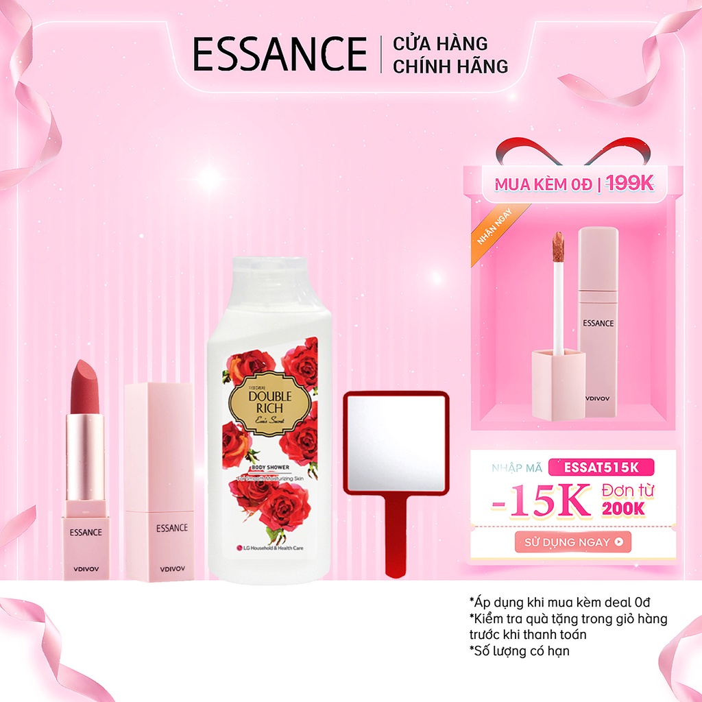 Combo Son lì lâu trôi Essance Lip Rouge Velvet 3.5g, Gương cầm tay VDIVOV &amp; Sữa tắm Double Rich hương hoa 200ml