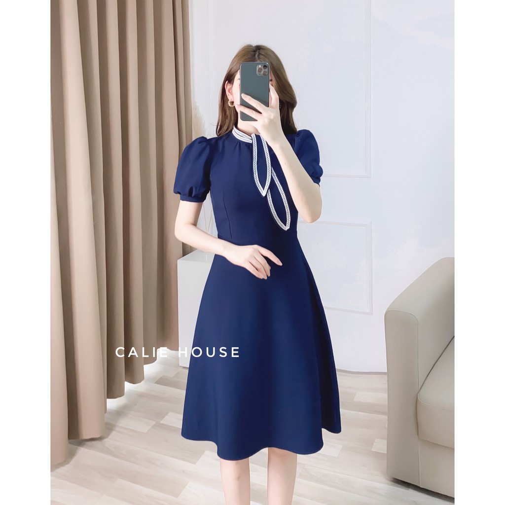 Váy cổ nơ 2 đường ren thời trang công sở Calie House V202