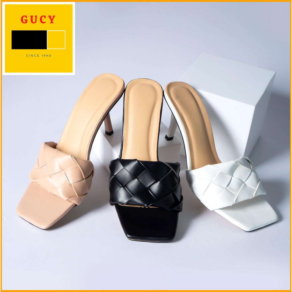 Dép cao gót nữ hàng hiệu Erosska BH 12 tháng mũi vuông quai ngang gót nhọn đế cao 7cm màu trắng BM00