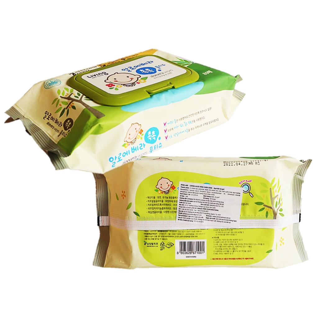 COMBO 2 Khăn giấy ướt nha đam LIVING VERA CHOK CHOK Aloe Hàn Quốc - 80 tờ - khăn giấy ướt giữ ẩm da tay