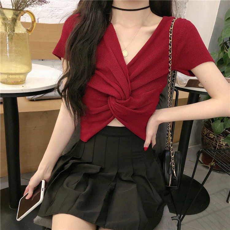 Áo Thun Dệt Kim Tay Ngắn Thiết Kế Đan Chéo Quyến Rũ Thời Trang Mùa Hè Cho Nữ