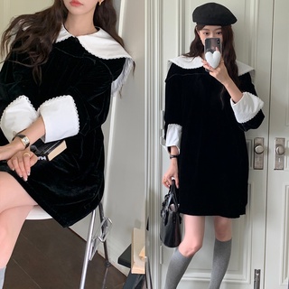 Đầm Cổ Hải Quân Tay Phồng Phối Màu Tương Phản Kiểu Retro Pháp 55834