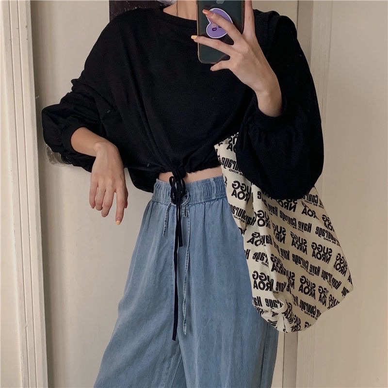 Áo croptop dài tay bo chun eo Unisex ❤️croptop tay phồng❤️phong cách ulzzang chất thun co dãn mát mịn, NENEE