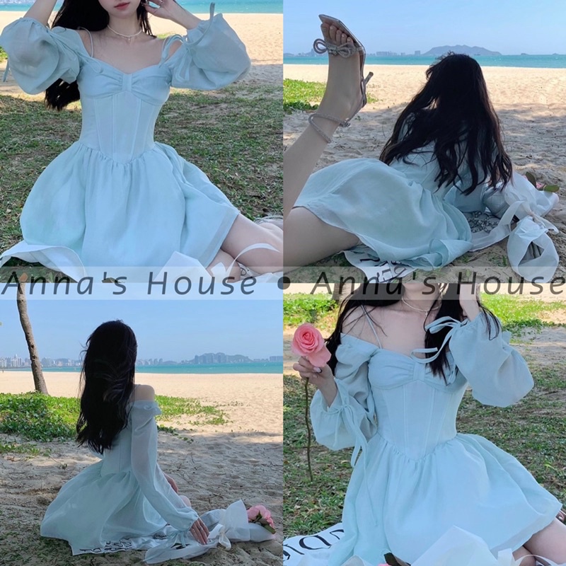 HÌNH THẬT - Đầm voan 2 dây rớt vai nơ ngực tay dài