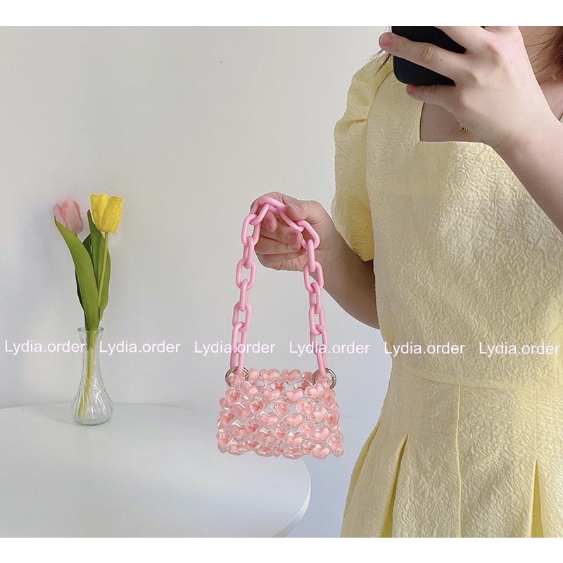 Túi xách hạt acrylic trái tim màu hồng TỰ LÀM