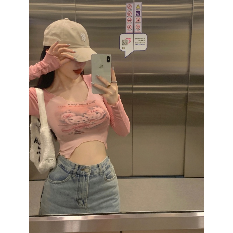 Áo Thun Lửng Tay Dài Màu Sắc Tương Phản In Họa Tiết Phong Cách retro Mỹ Dành Cho Nữ