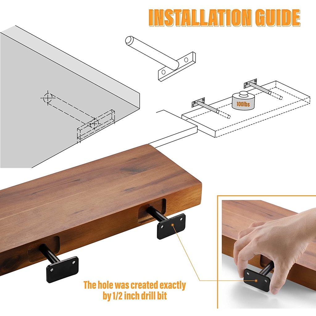 Combo 2 chốt âm kệ treo tường, pát âm đỡ kệ trang trí bằng thép đặc 20cm kèm phụ kiện vít tắc kê – Hàng chính hãng