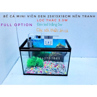 🐬 Set bể cá mini viền đen 25 có tranh nền kèm phụ kiện đèn, lọc thác ( Tặng đồ trang trí bể cá)