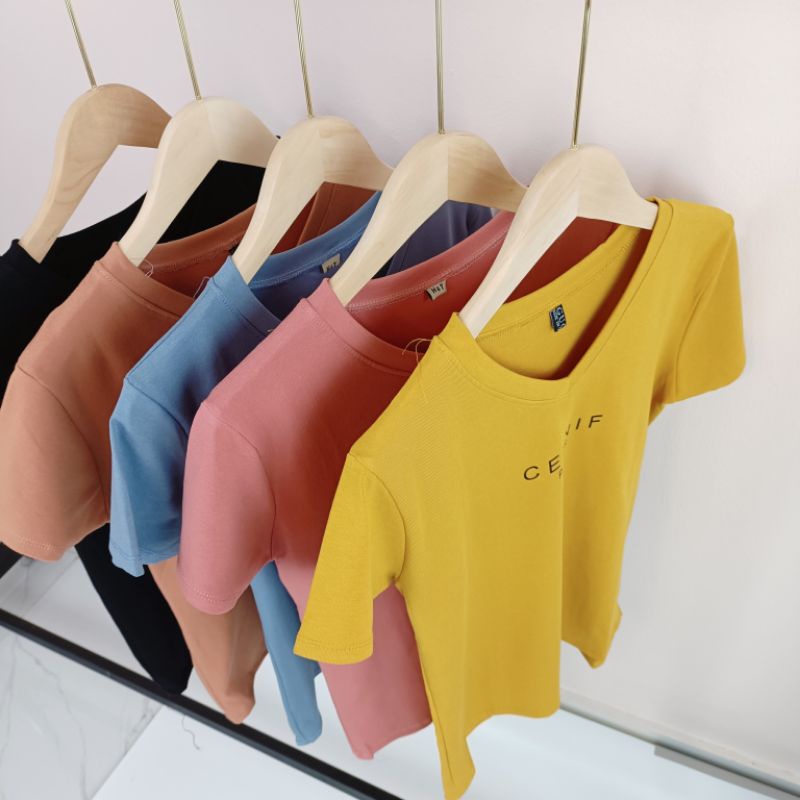 Áo thun cộc tay nữ cổ tim in 1 dòng chữ CELNIF chất cotton thái co giãn dáng ôm body AT17 - phamtrangredep shop