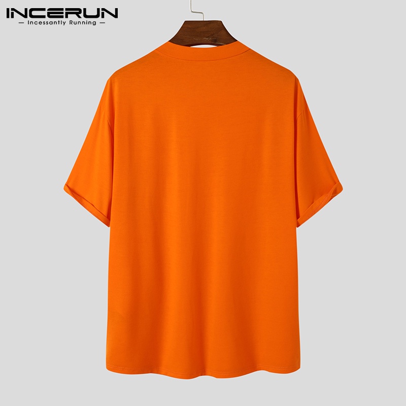 Áo thun nam INCERUN dáng thụng màu trơn tay ngắn cổ V thời trang thường ngày