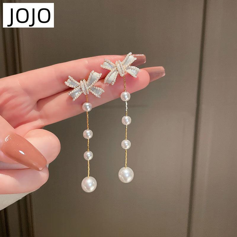 Bông Tai Dáng Dài Đính Nơ Phối Tua Rua Ngọc Trai Thời Trang Sang Trọng Cho Nữ