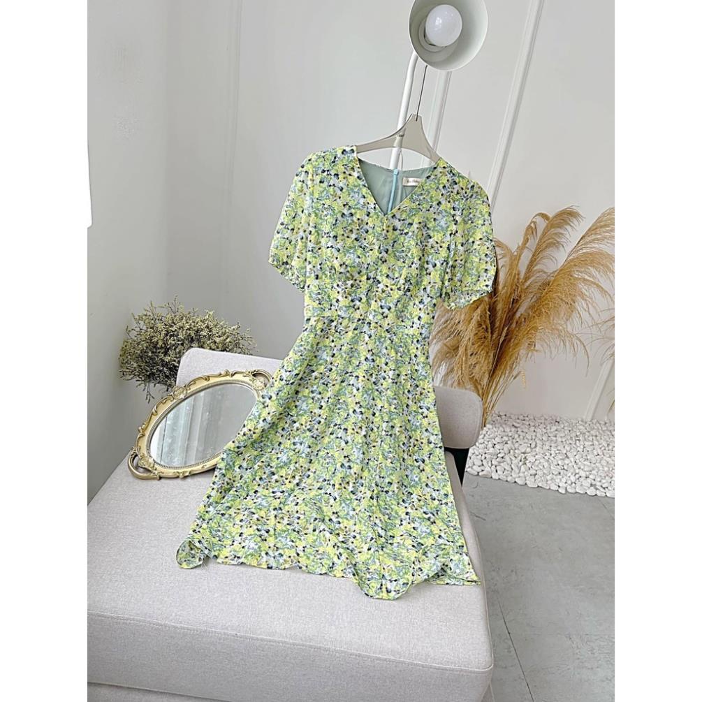 Váy hoa nhí công sở cổ V voan tay họa tiết hoa nhí chất liệu tơ xước thoáng mát Eva Lover