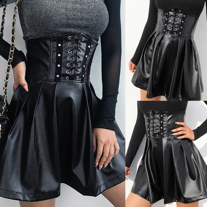 Xiangbao Chân Váy Da Giả Mini Lưng Cao Xếp Ly Cột Dây Phía Trước Sau Phong Cách Gothic Punk Harajuku Cho Nữ
