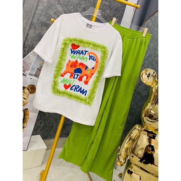 Set áo cotton phối lưới quần suông xanh có túi hình thật F4