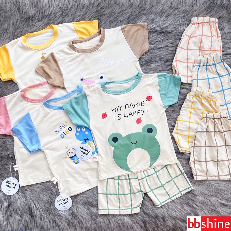 Bộ Minky Mom cho bé, Bộ cộc tay bé gái và bé trai 5-15kg chất vải mềm mịn màu sắc tươi sáng BBShine – BVN048