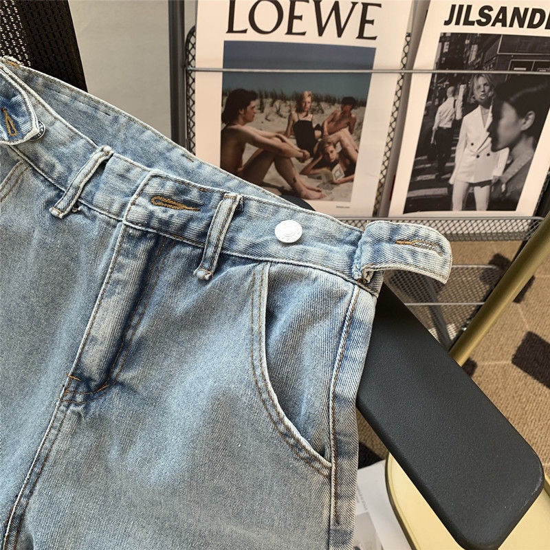 Quần Jeans Lưng Cao Ống Rộng Thêu Hình Trái Tim Màu Sắc Tương Phản Thời Trang Cho Nữ