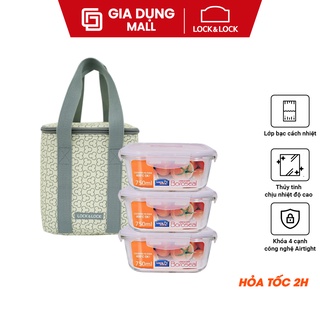 Bộ Túi Hộp Cơm Thủy Tinh Lock&Lock 4EA LLG224I3 (750ml) - Hàng Chính Hãng