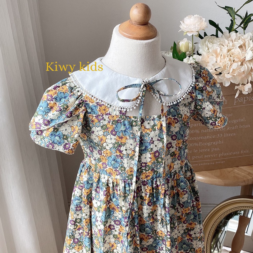 Váy hoa bé gái KIWY KIDS cổ sen thắt nơ phong cách tiểu thư sang chảnh Kidsh2137 cho bé từ 1 đến 11 tuổi
