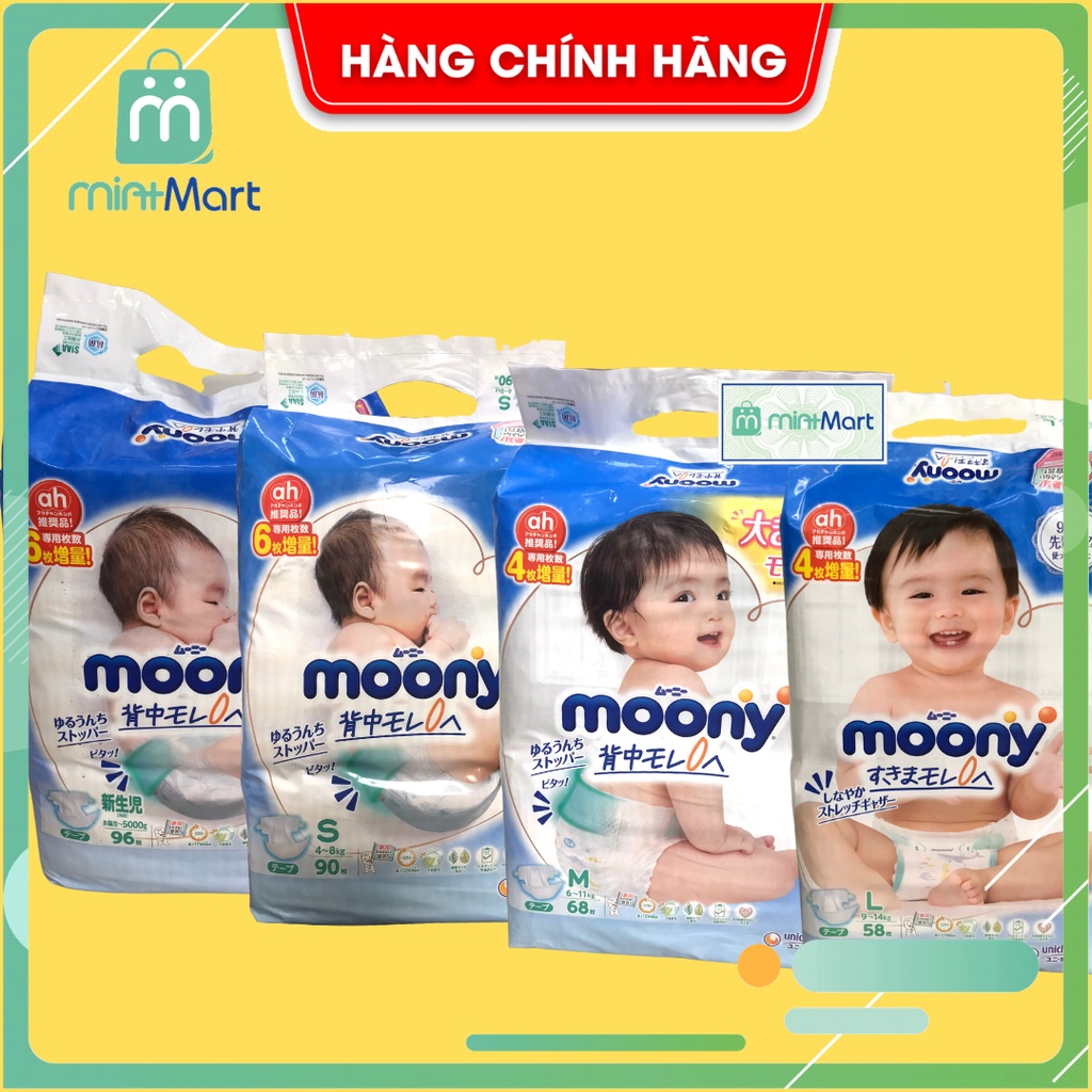 Bỉm Moony Xanh nội địa Nhật cộng miếng đủ size từ NB96/S90/M68/M64/L58/L50/XL44