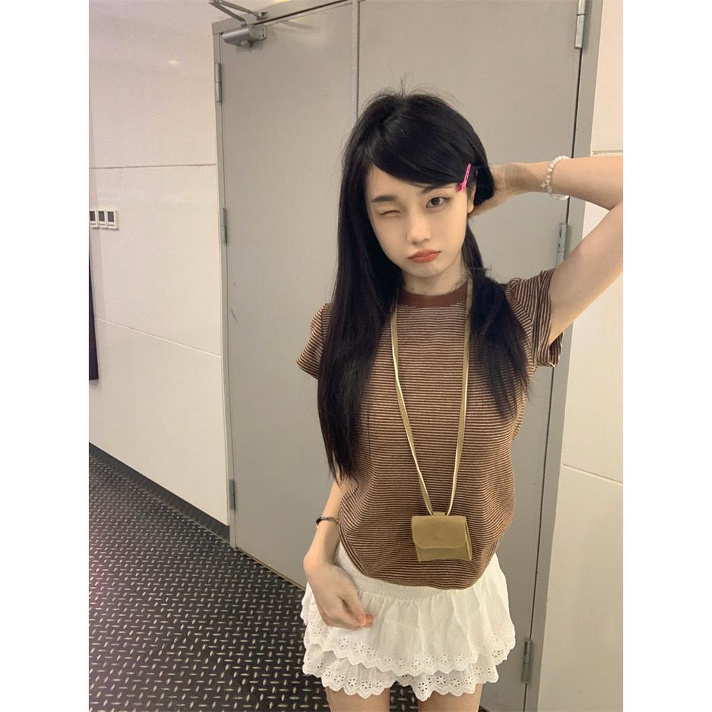 Xiaozhainv Áo Thun Tay Ngắn Cổ Tròn Họa Tiết Kẻ Sọc Đơn Giản Thời Trang Hàn Quốc Cho Nữ