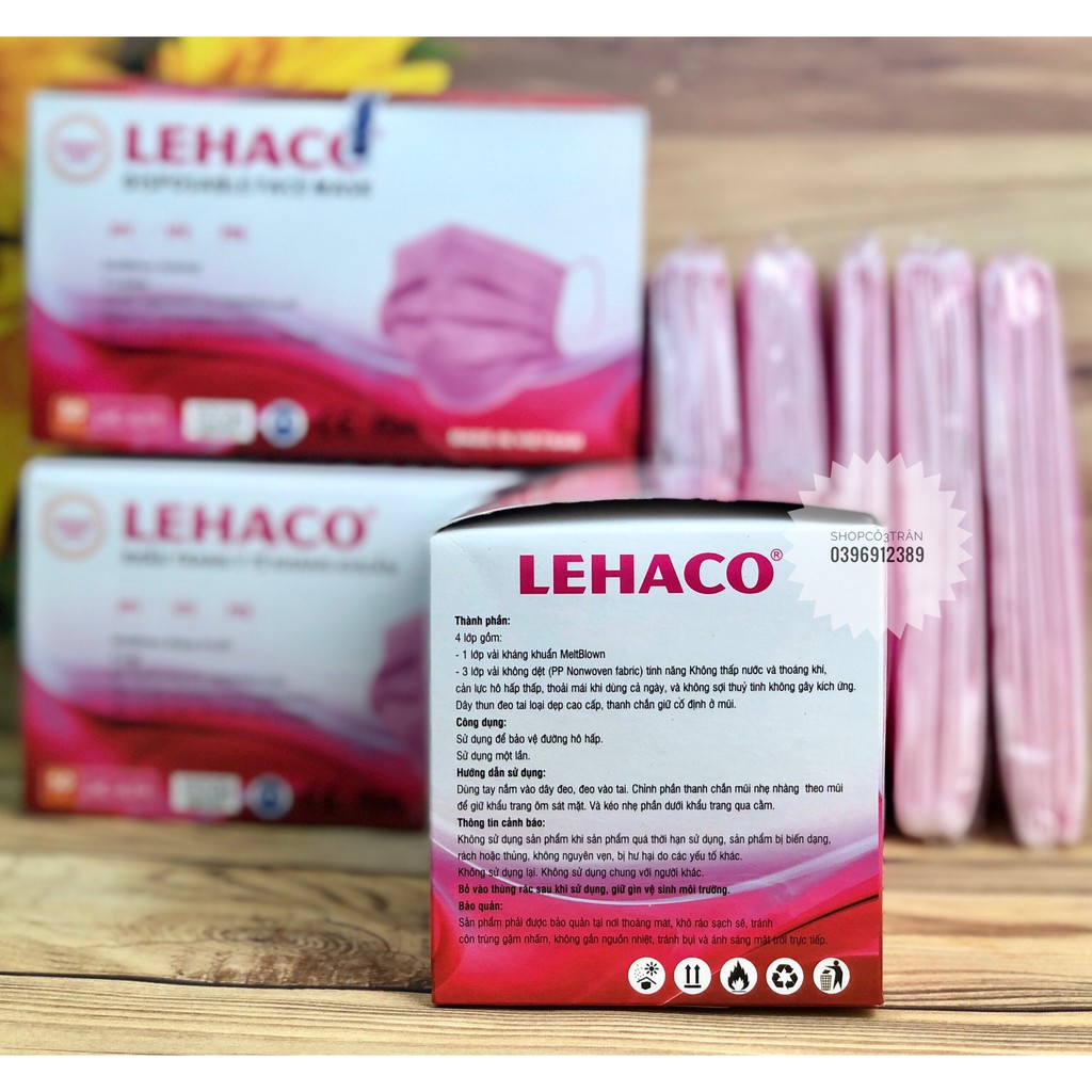 (Hàng Chính Hãng Cty Lehaco) Khẩu Trang Kháng Khuẩn Màu HỒNG 4 lớp 50 cái/ hộp - Khẩu Trang y tế Lehaco Kháng Khuẩn