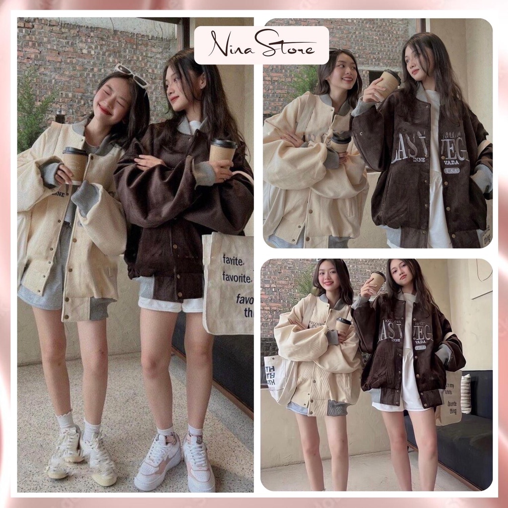 Áo khoác bomber Unisex LASVEGAS chất nhung tăm thêu LOGO form rộng 2 lớp dày dặn NinaStore
