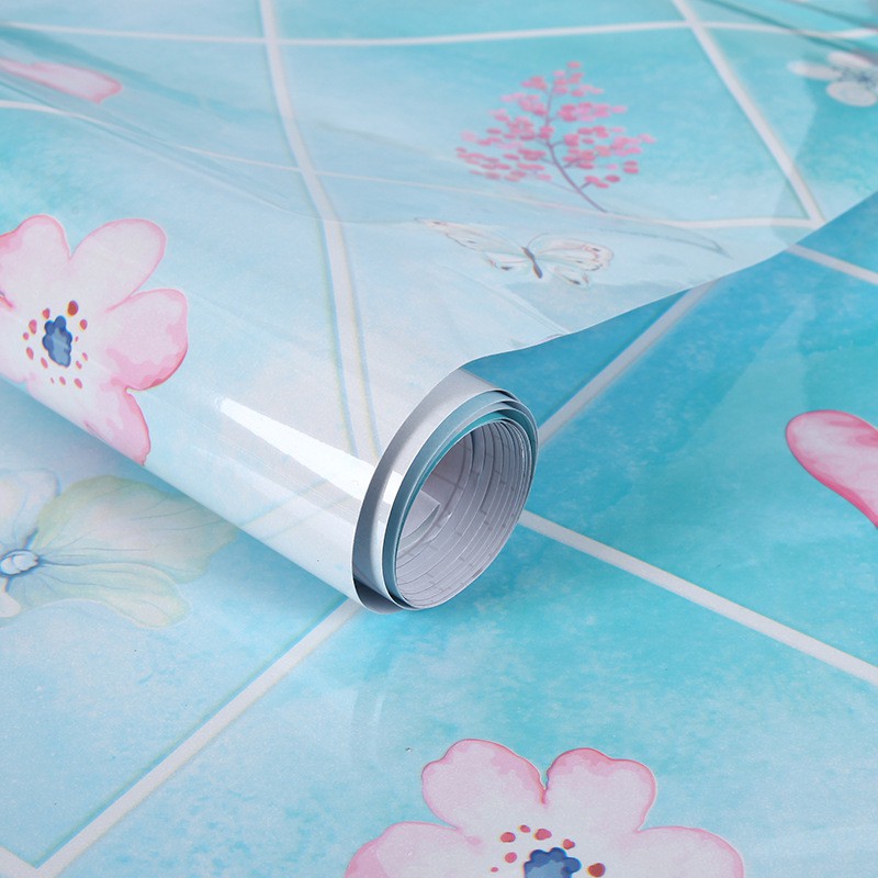 Decal dán bếp tráng nhôm cách nhiệt hoa xanh khổ 60cm keo sẵn