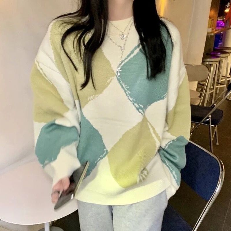 Áo Sweater Dài Tay Kẻ Caro Màu Sắc Tương Phản Cá Tính 203582 Áo Dệt Kim Dáng Rộng Phong Cách Retro Hàn Quốc