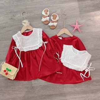 Váy nhung đỏ mix yếm trắng cho bé gái