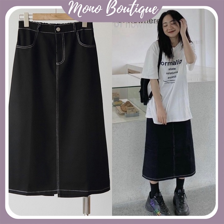 Chân váy jean Chữ A dáng dài viền chỉ nổi ulzzang - Mono Boutique
