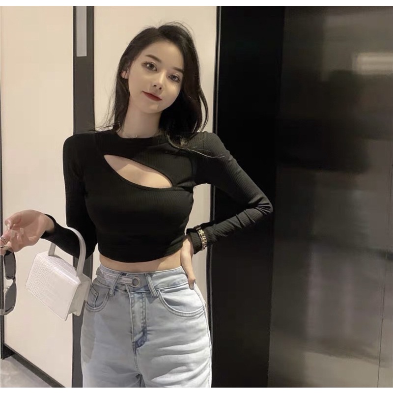 Áo kiểu thun croptop tay dài phối kiểu xẻ ngực