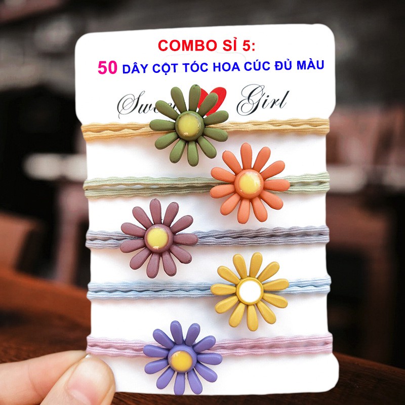 COMBO Sỉ 5 – Combo 50 Thun Cột Tóc, Buộc Tóc Nữ Hoa Cúc đủ màu, Xinh Đẹp Dễ Thương Style Hàn Quốc (Giá Sỉ Siêu Rẻ)