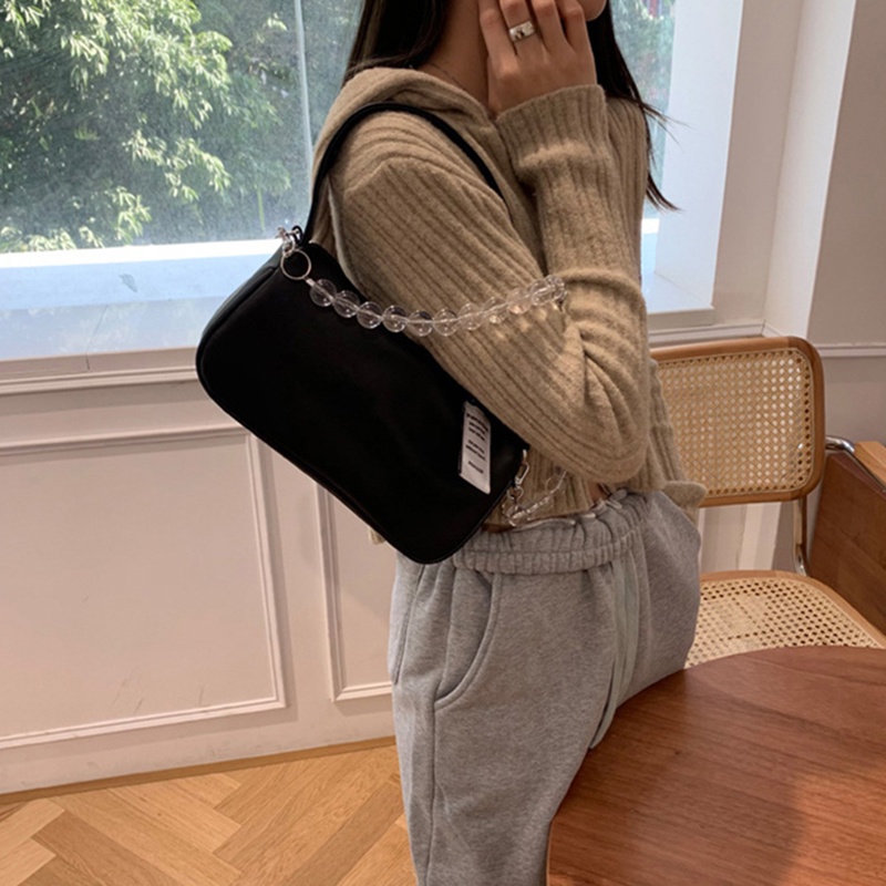 Túi đeo chéo IELGY da mềm màu trơn dây đeo xỏ hạt trong suốt thời trang cho nữ