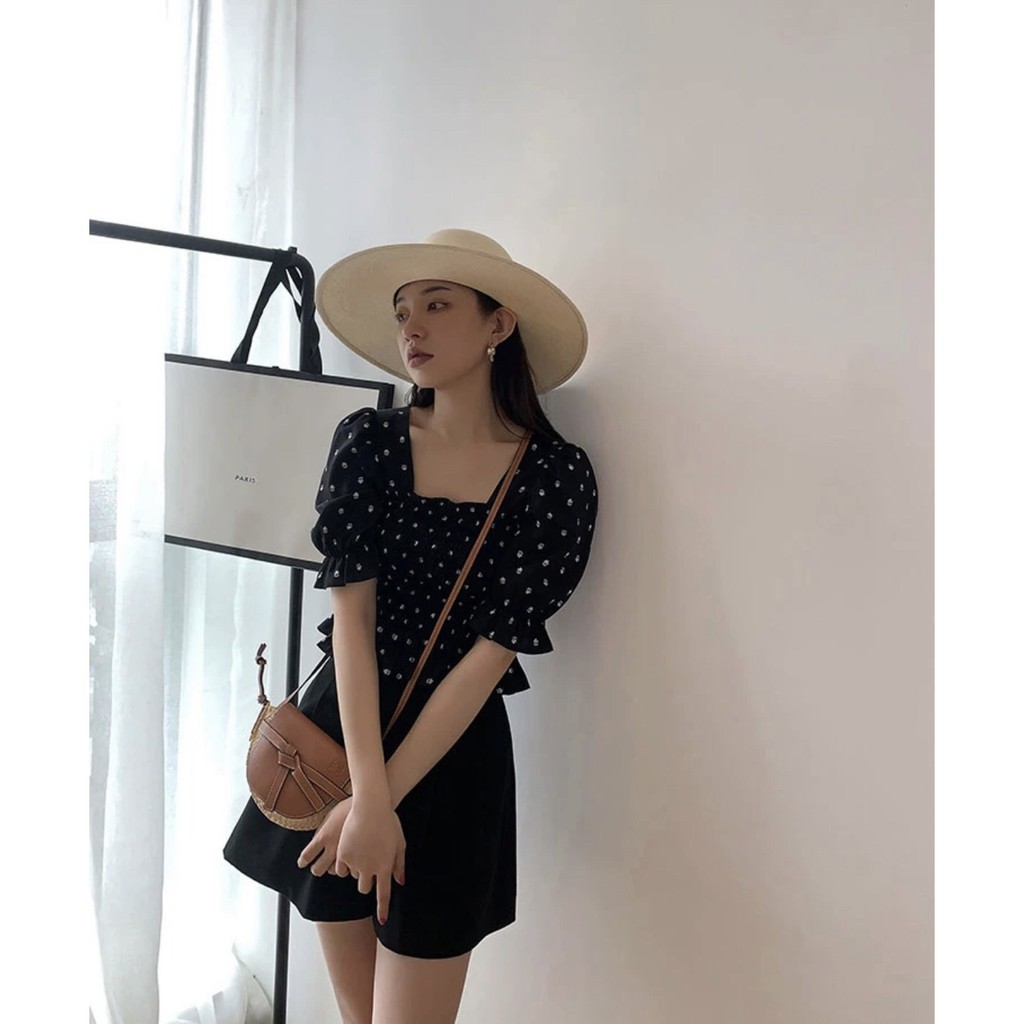 Set áo chấm bi,quần giả váy