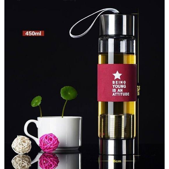 Bình pha trà thủy tinh có lưới lọc 450ml - Chai pha trà có lưới lọc cặn cách nhiệt kèm dây treo