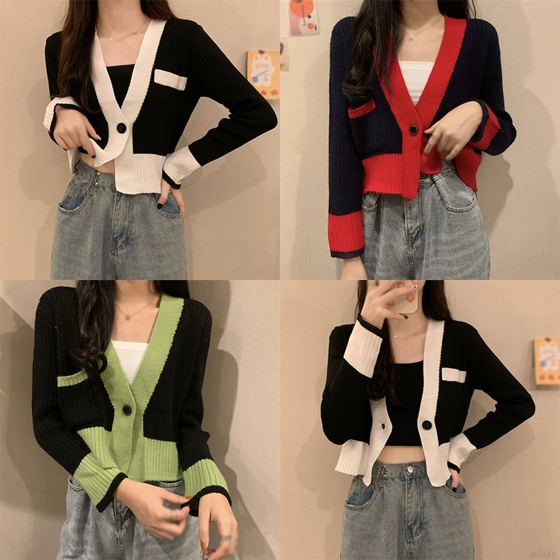 Áo Khoác Cardigan Dệt Kim Tay Dài Phối Màu Tương Phản Phong Cách Retro Hàn Quốc Cho Nữ
