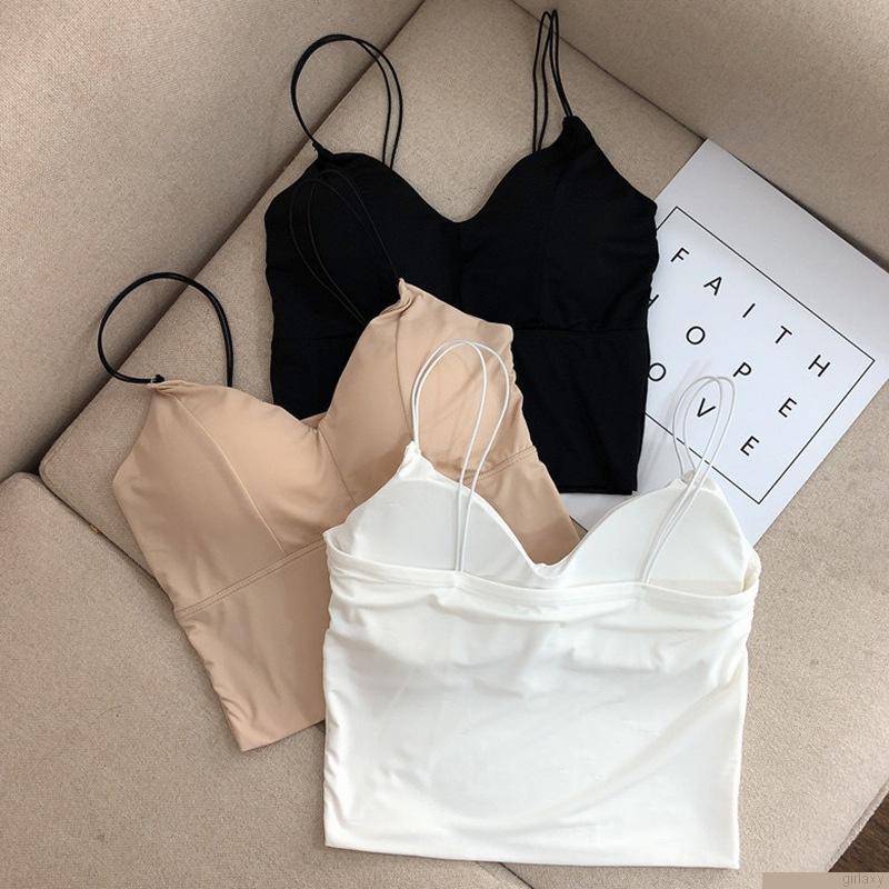 Áo hai dây màu trơn có đệm ngực phong cách Hàn Quốc cho nữ