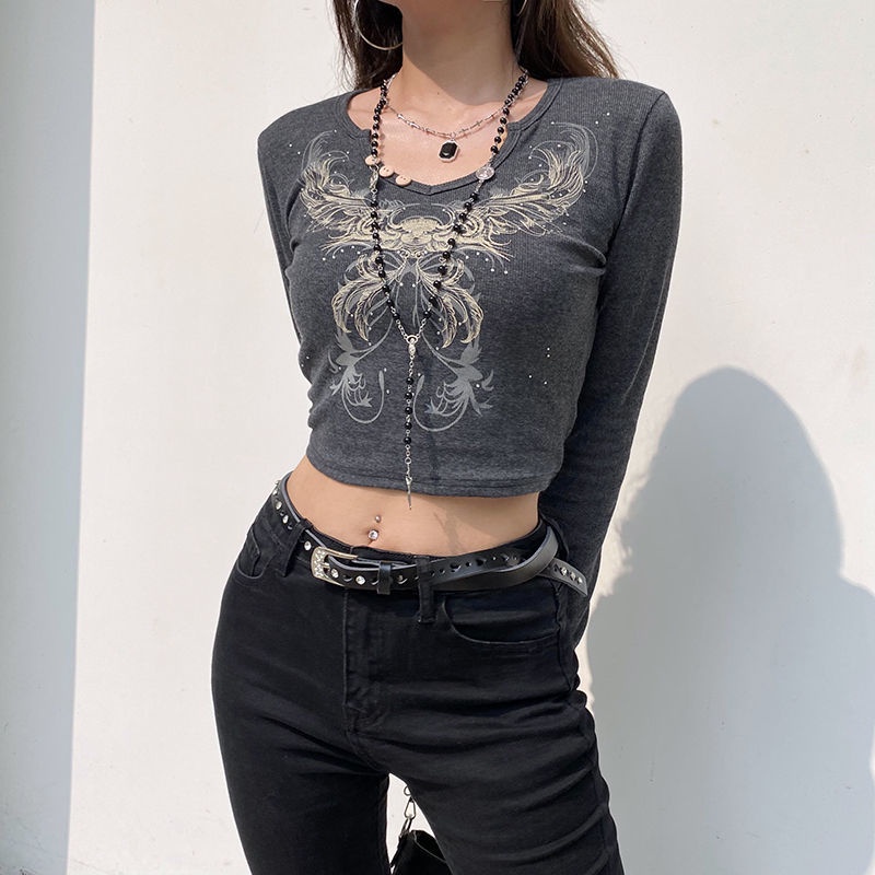 V-neck Slim Short T-shirt with Butterfly Print European and American Style For Women
